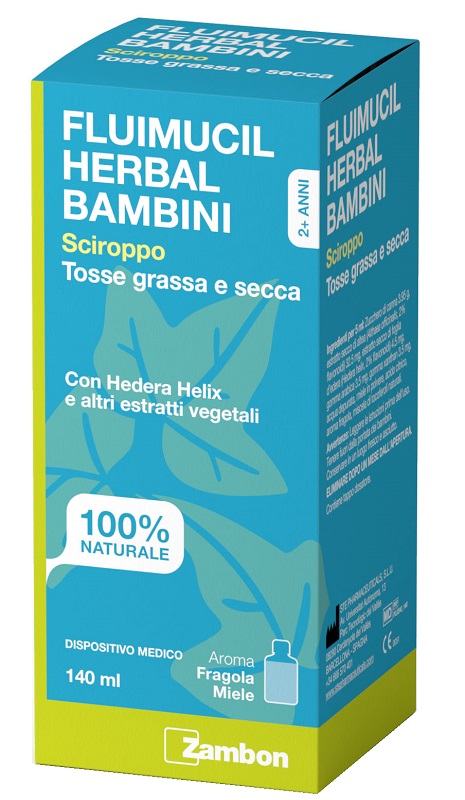 FLUIMUCIL HERBAL BAMBINI SCIROPPO TOSSE GRASSA E SECCA 140 ML AROMA FRAGOLA E MIELE SENZA GLUTINE SENZA LATTOSIO - Farmapre